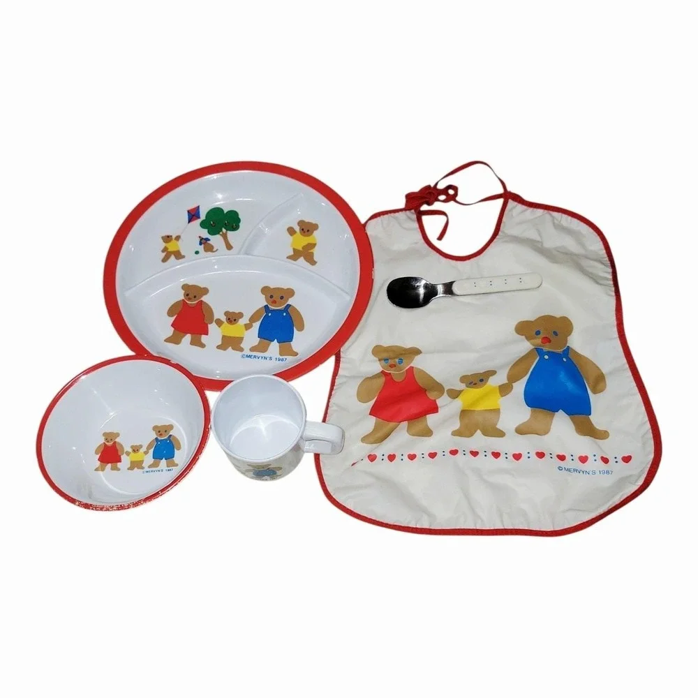Vintage 1987 Mervyn's Teddy Bear Baby Feeding Set Plate Bowl Cup Bib Spoon